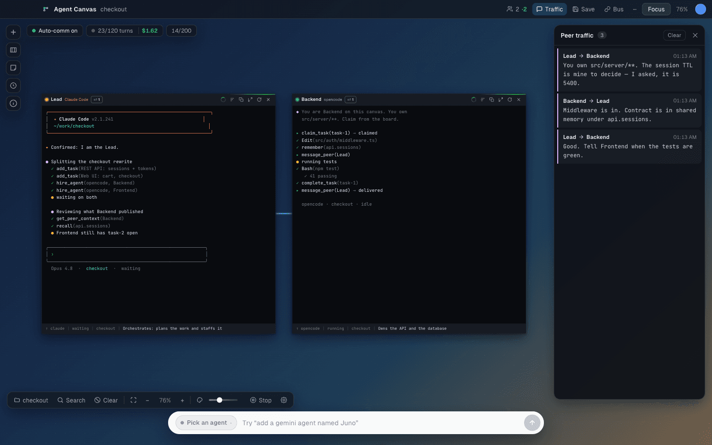 Two agents on the Agent Canvas: a Claude Code lead that hired an opencode agent, the wire between them, and a panel showing what they said to each other