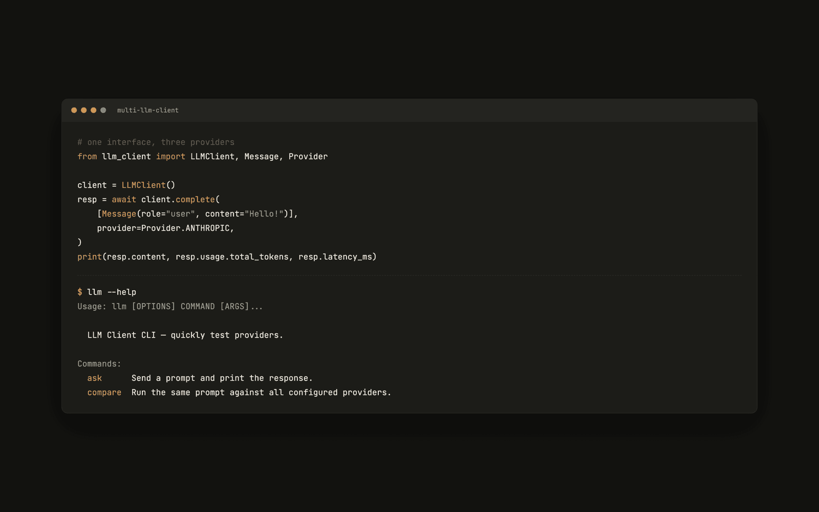 The Multi-LLM Client REPL running one prompt against OpenAI, Anthropic and Gemini at once