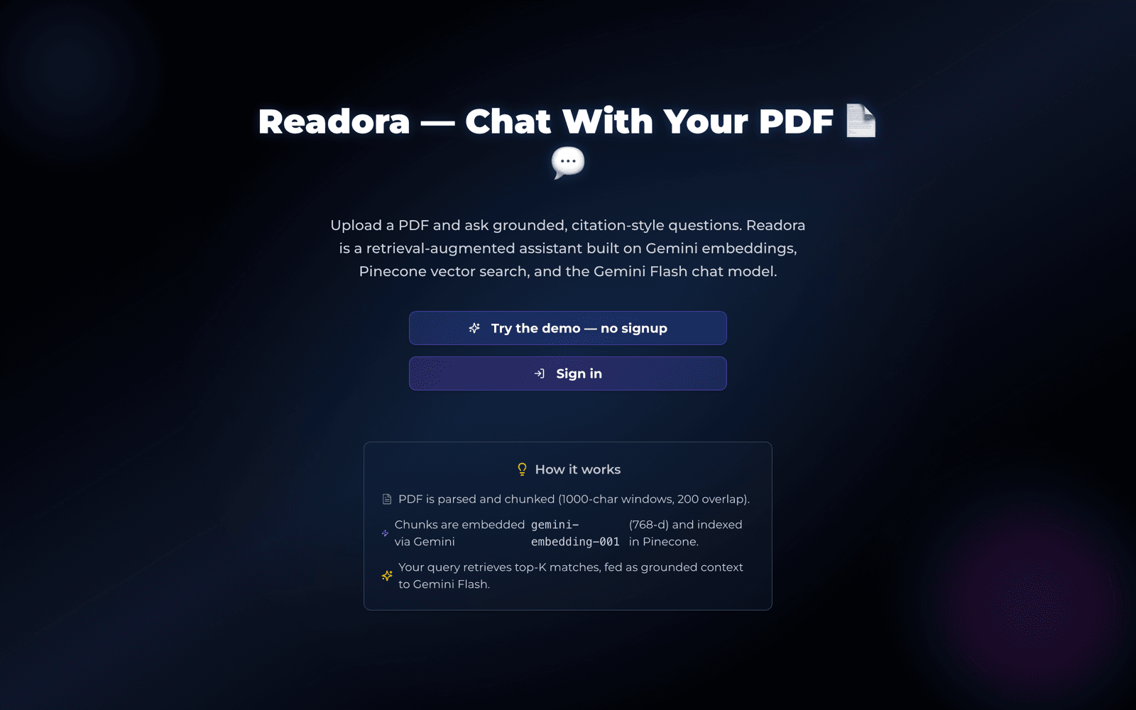 The Readora landing page, showing the upload entry point and the retrieval pipeline it runs